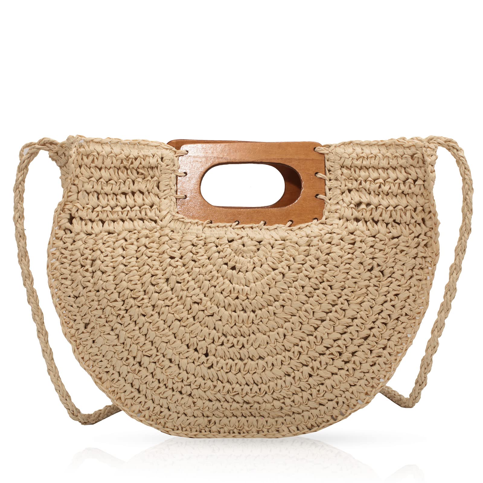 QTKJ Summer Beach bag, Hand Made Straw Beach Bag Semicircle Shape Tote Bag, Zip Opening Large Capacity Designer Handbags for Women Shoulder Messenger Bag(Beige)