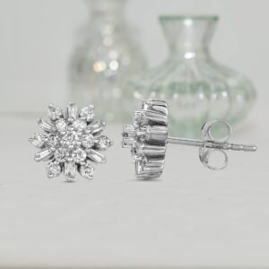 Natalia Drake Small Round Baguette Cluster 1/2 Cttw Diamond Stud Earrings for Women in Rhodium Plated Sterling Silver