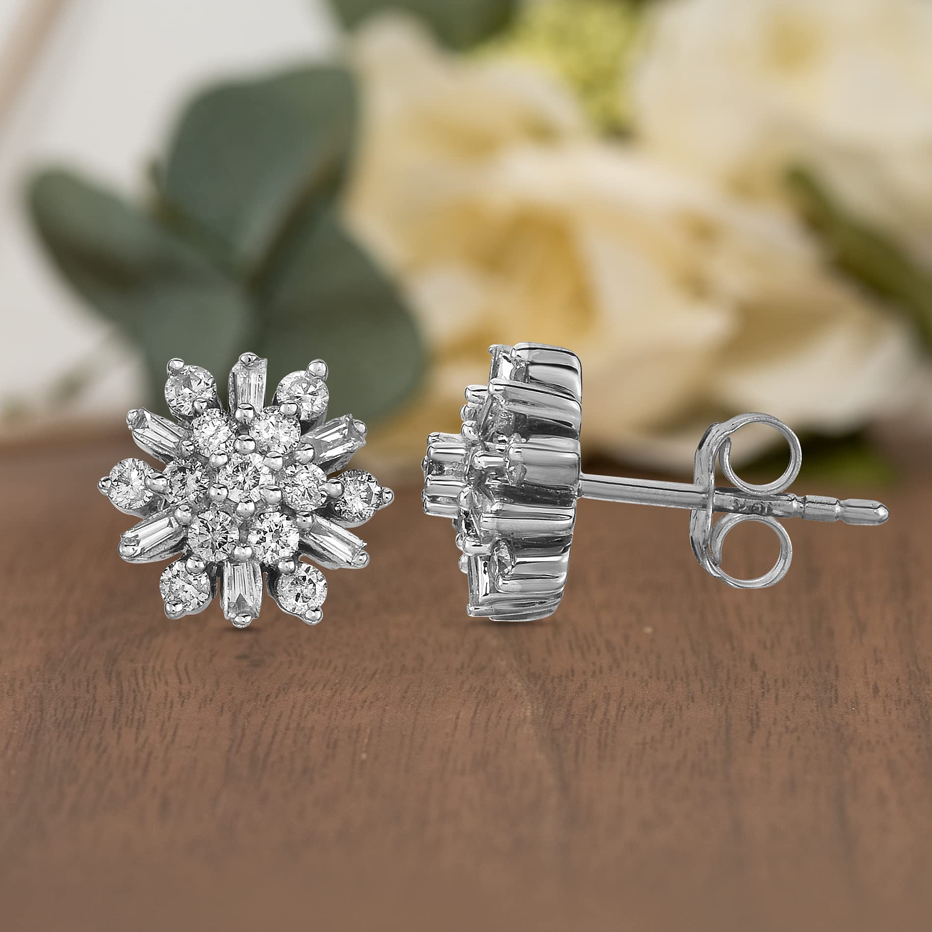 Natalia Drake Small Round Baguette Cluster 1/2 Cttw Diamond Stud Earrings for Women in Rhodium Plated Sterling Silver