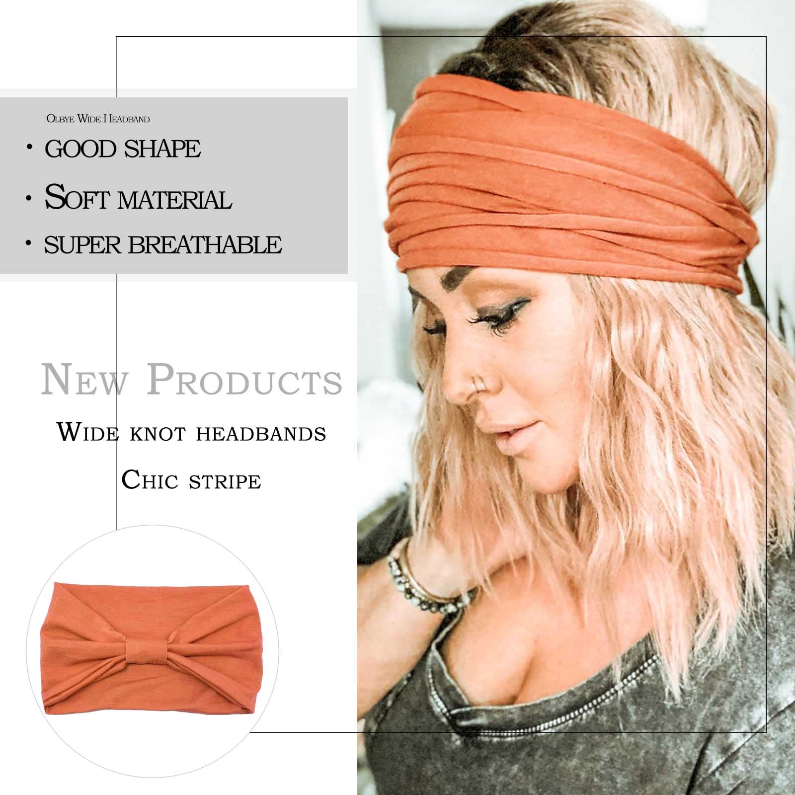 Olbye Wide Headbands Knotted Turban Elastic Non Slip Hairbands Yoga Workout Head Wraps Running Sweatbands Boho Fashion Hair Accessories for Women Pack of 6（Solid Color A）