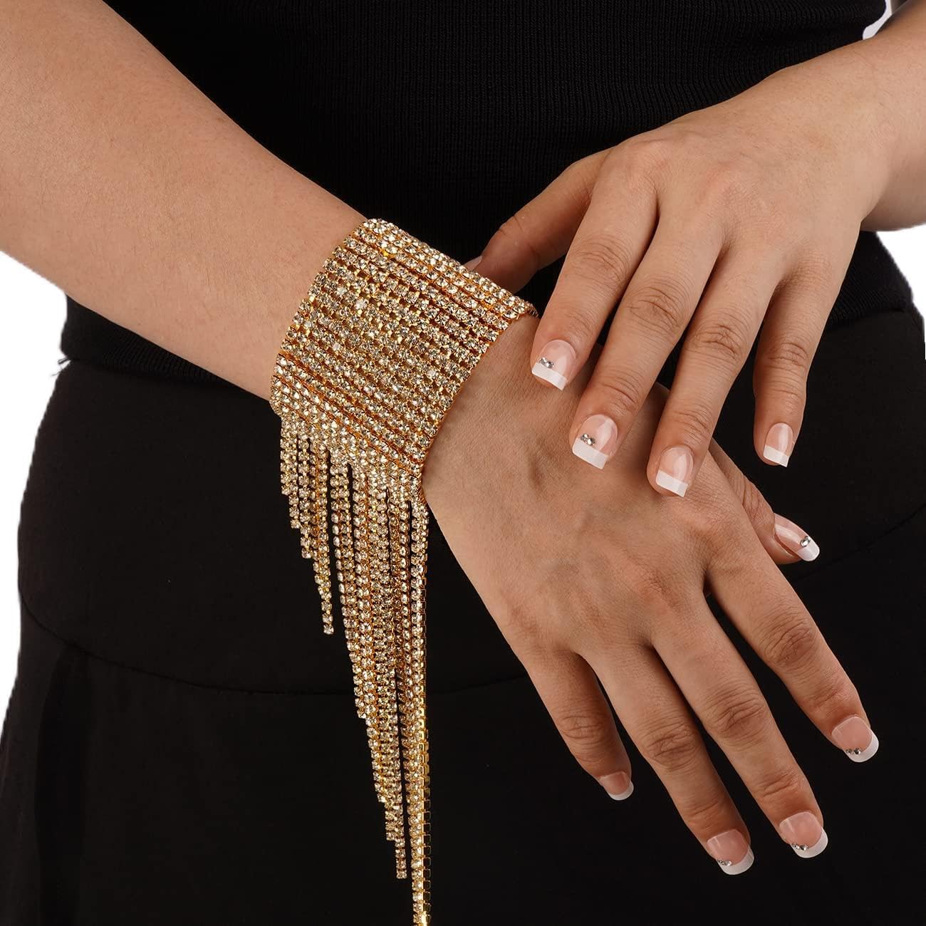 Rumtock Tassel Rhinestones Gold Bracelet Bling Fringe Hand Chain for Women Girls Party Jewelry