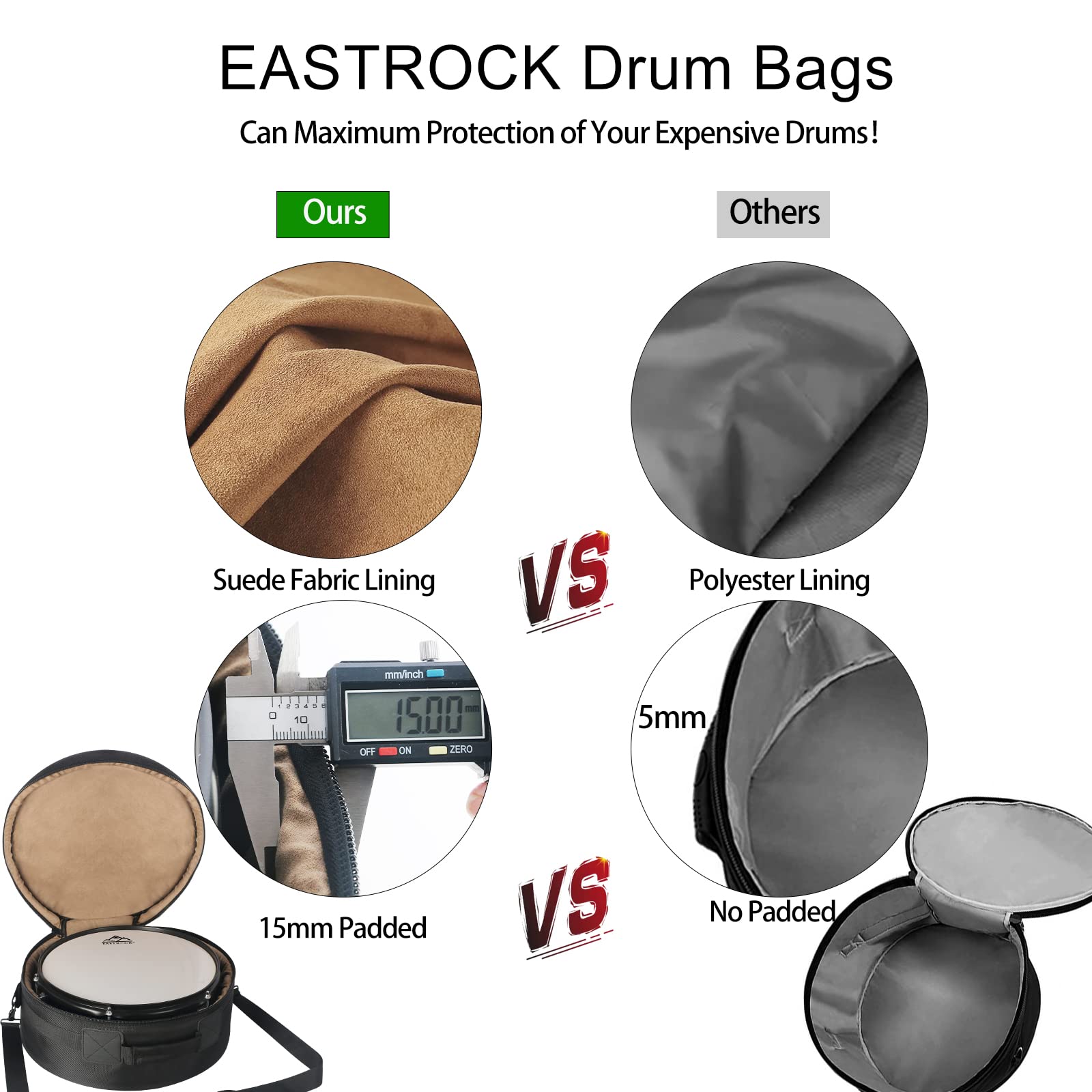 EASTROCK 5-Piece Drum Bag Set for 12" Tom, 13" Tom, 14" Snare, 16" Floor Tom, 22" Bass Drum, Drum Cases (5 Pieces)