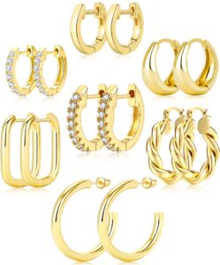 adoyi small gold huggie hoop earrings for women chunky twisted big gold hoops set hypoallergenic 14k gold plated large huggie hoop earrings pack for women gift lightweight 7 pairs ball earrings