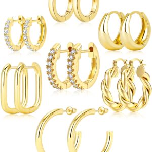 Adoyi Small Gold Huggie Hoop Earrings for Women Chunky Twisted Big Gold Hoops Set Hypoallergenic 14K Gold Plated Large Huggie Hoop Earrings Pack for Women Gift Lightweight 7 Pairs ball earrings