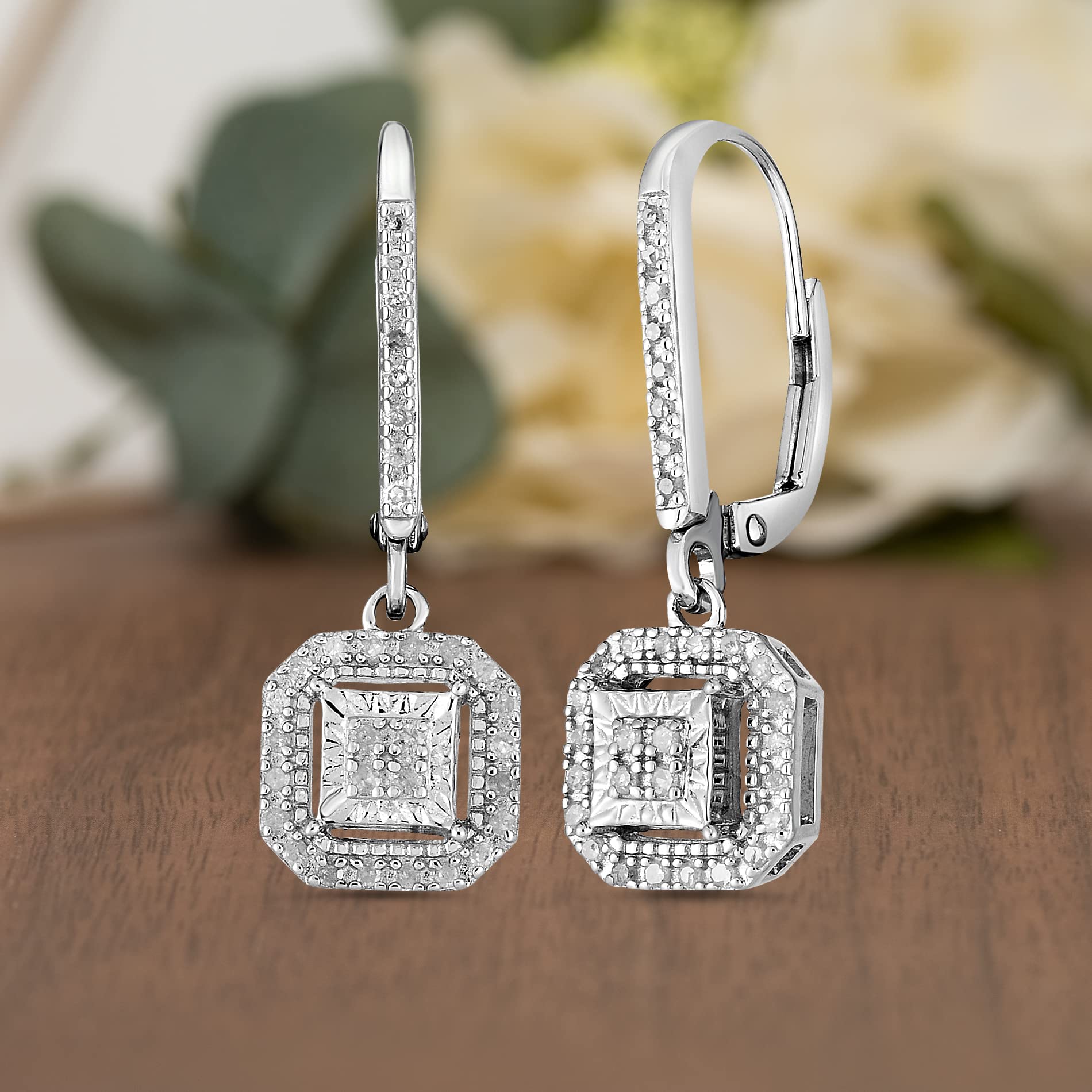 NATALIA DRAKE Square Drop Dangle Leverback Bridal 1/5 Cttw Diamond Earrings for Women in Rhodium Plated 925 Sterling Silver