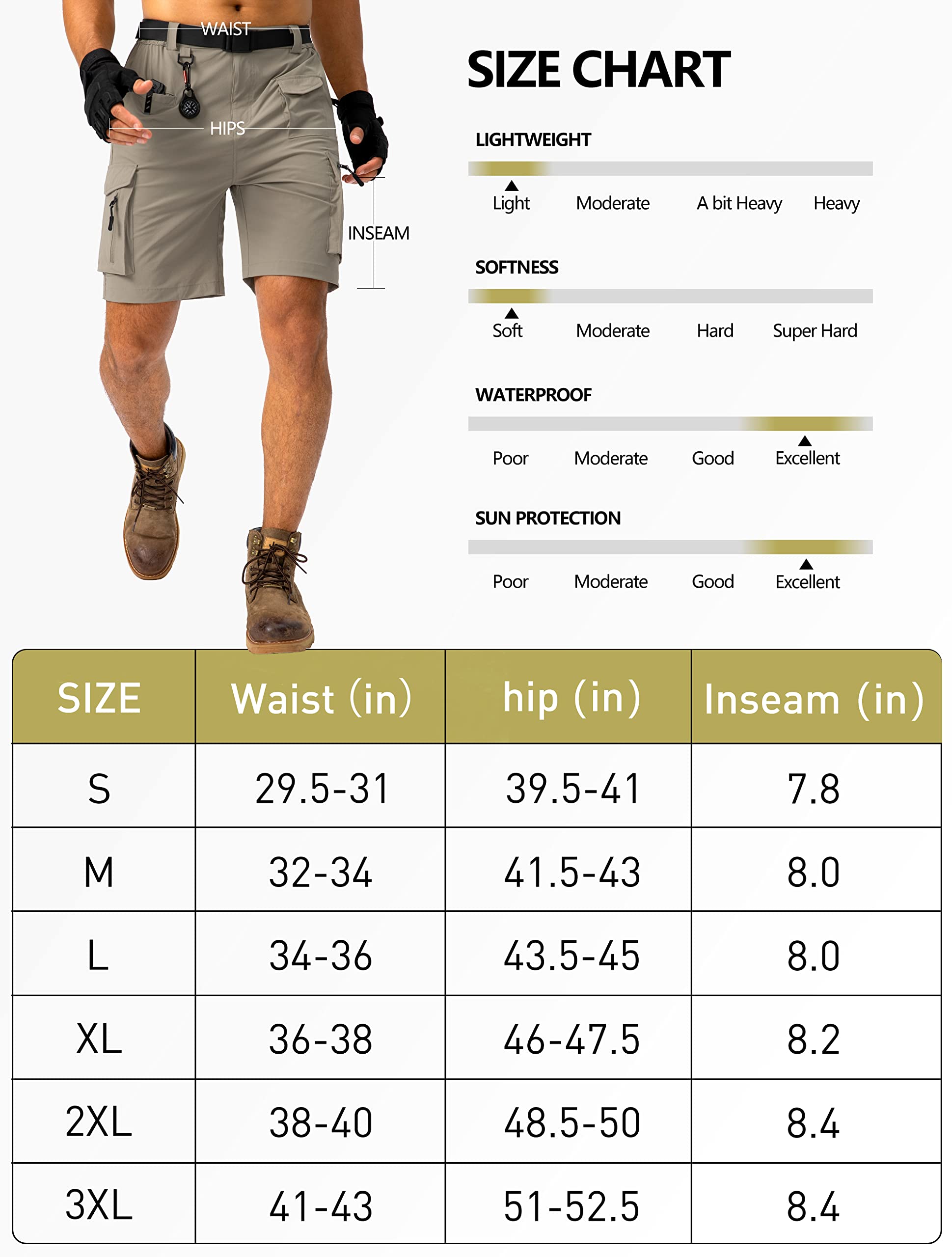 Viodia Men's Hiking Cargo Shorts Stretch Tactical Shorts for Men with 8 Pockets Quick Dry Lightweight Shorts for Work Golf Fishing Dark Khaki