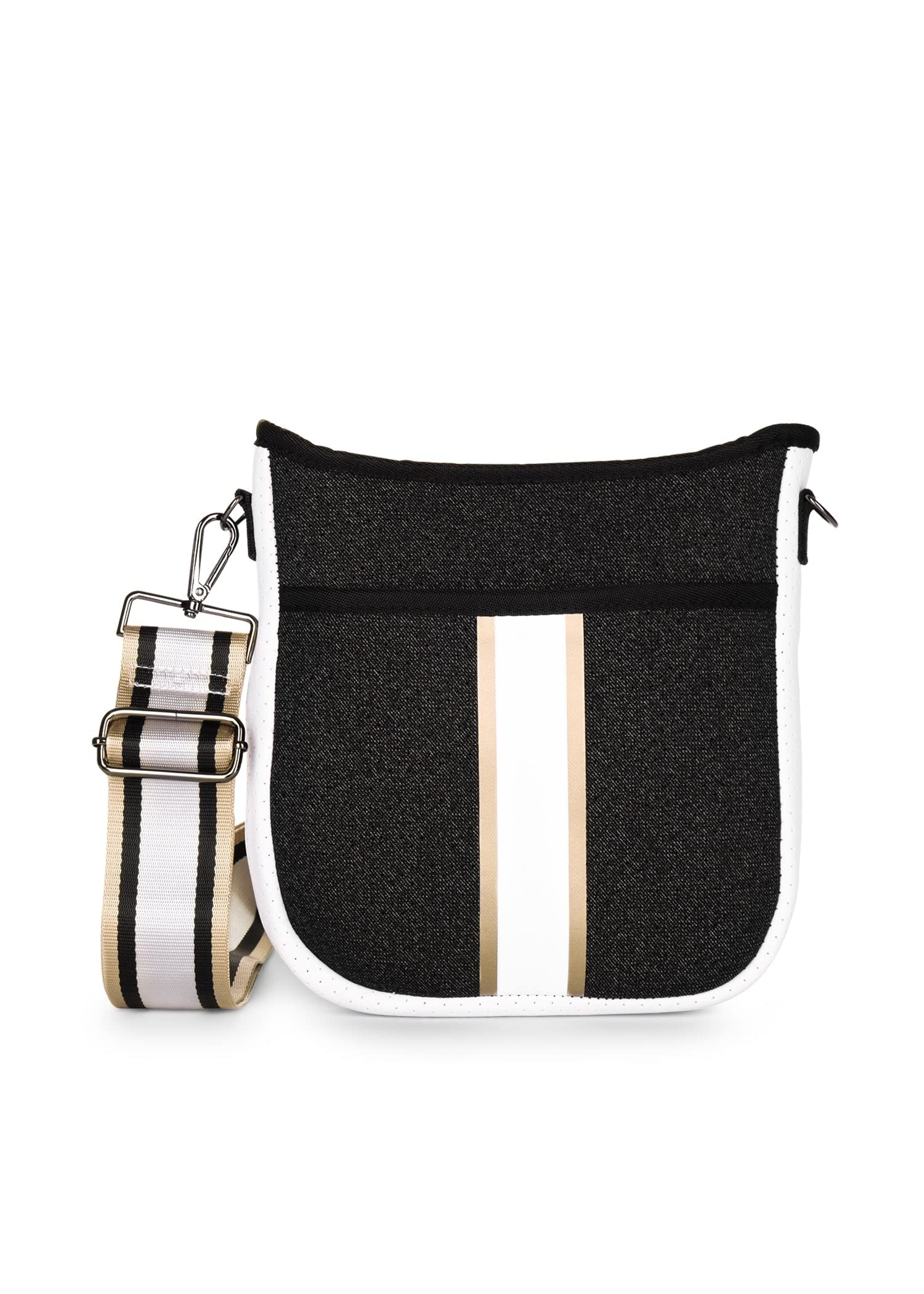 Haute Shore - Jeri Bravo Crossbody Tote, Black Denim W/Rosegold & White Stripe