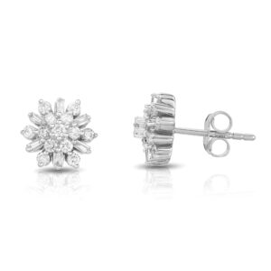 Natalia Drake Small Round Baguette Cluster 1/2 Cttw Diamond Stud Earrings for Women in Rhodium Plated Sterling Silver