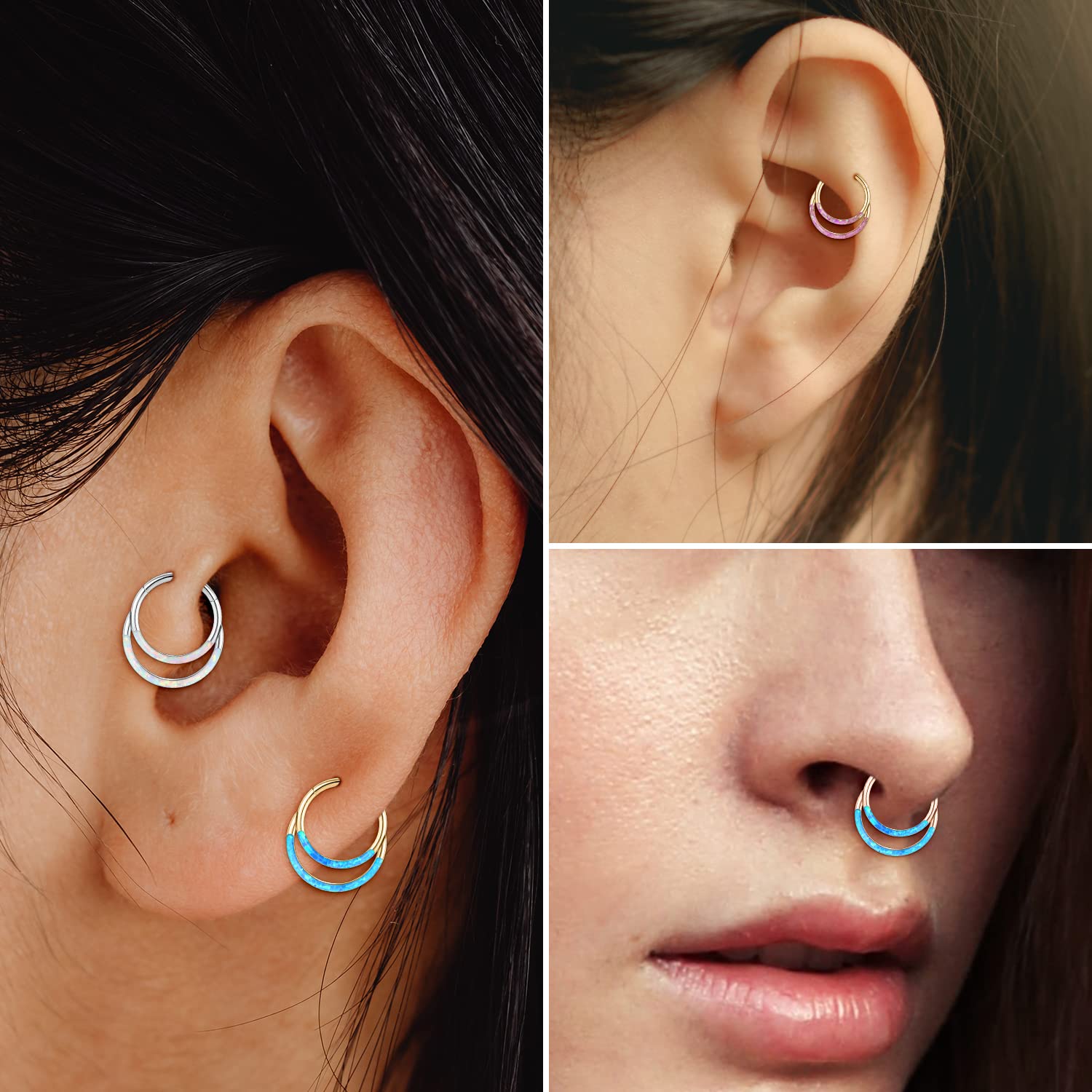 AROWRO Helix Daith Cartilage Rook Tragus Nose Hoop Earrings 316L Surgical Steel Double Open Stack Septum Hoop 7mm Opal 16G Conch Piercing Jewelry