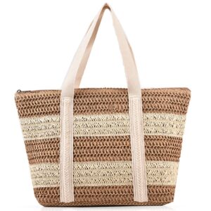 qtkj straw bag, beach bags for women, soft woven beach tote canvas shoulder strap, handmade rattan handbag for vacation, travel and daily(khaki stripes)