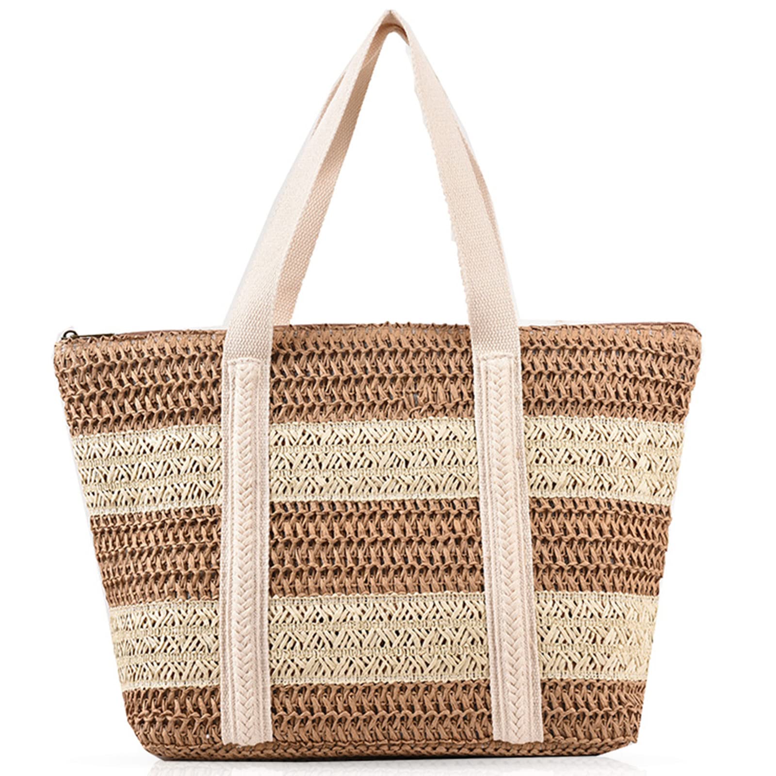 QTKJ Straw Bag, Beach Bags for Women, Soft Woven Beach Tote Canvas Shoulder Strap, Handmade Rattan Handbag for Vacation, Travel and Daily(Khaki Stripes)