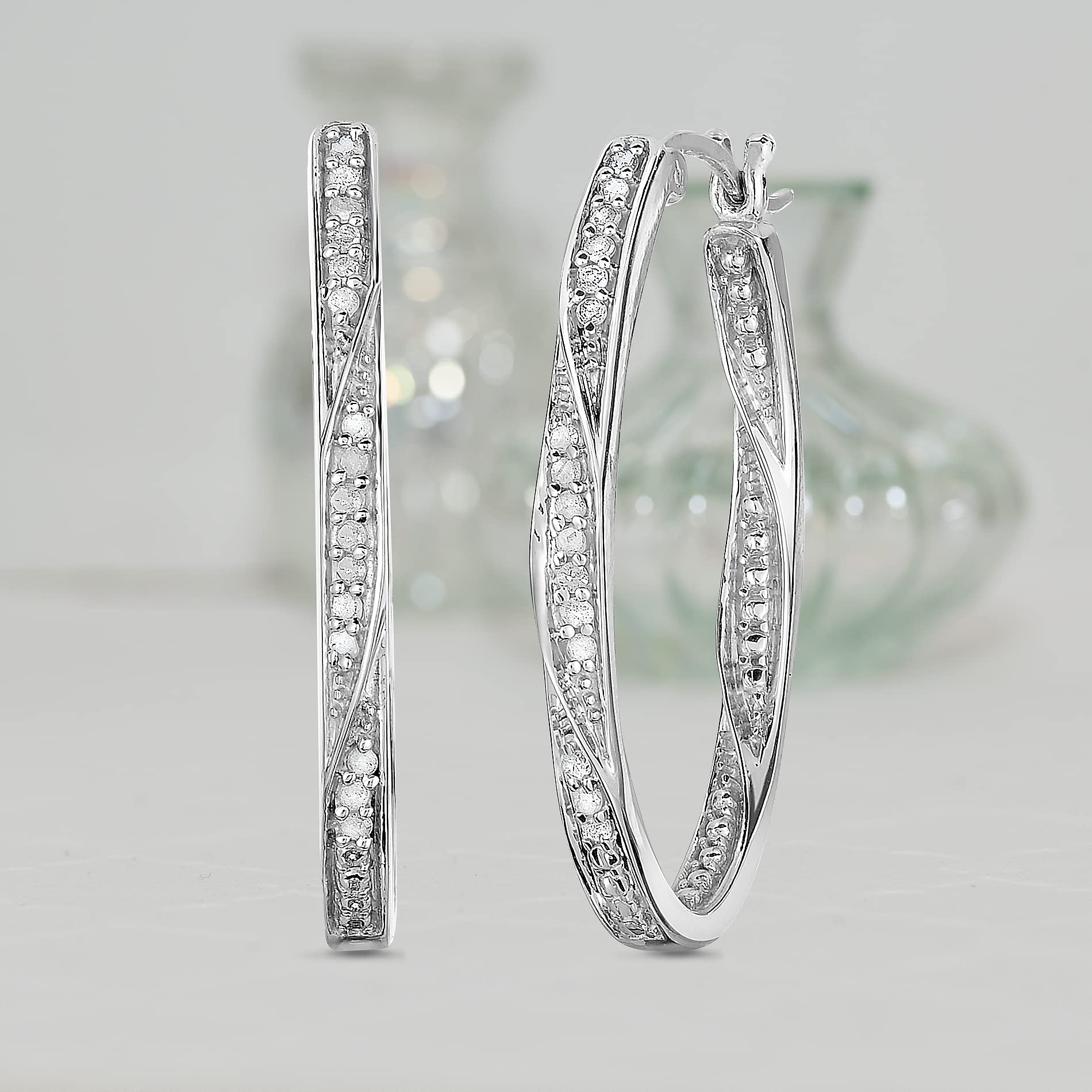 NATALIA DRAKE Large Twisted Oval 1/4 Cttw Diamond Hoop Earrings for Women in Rhodium Plated 925 Sterling Silver