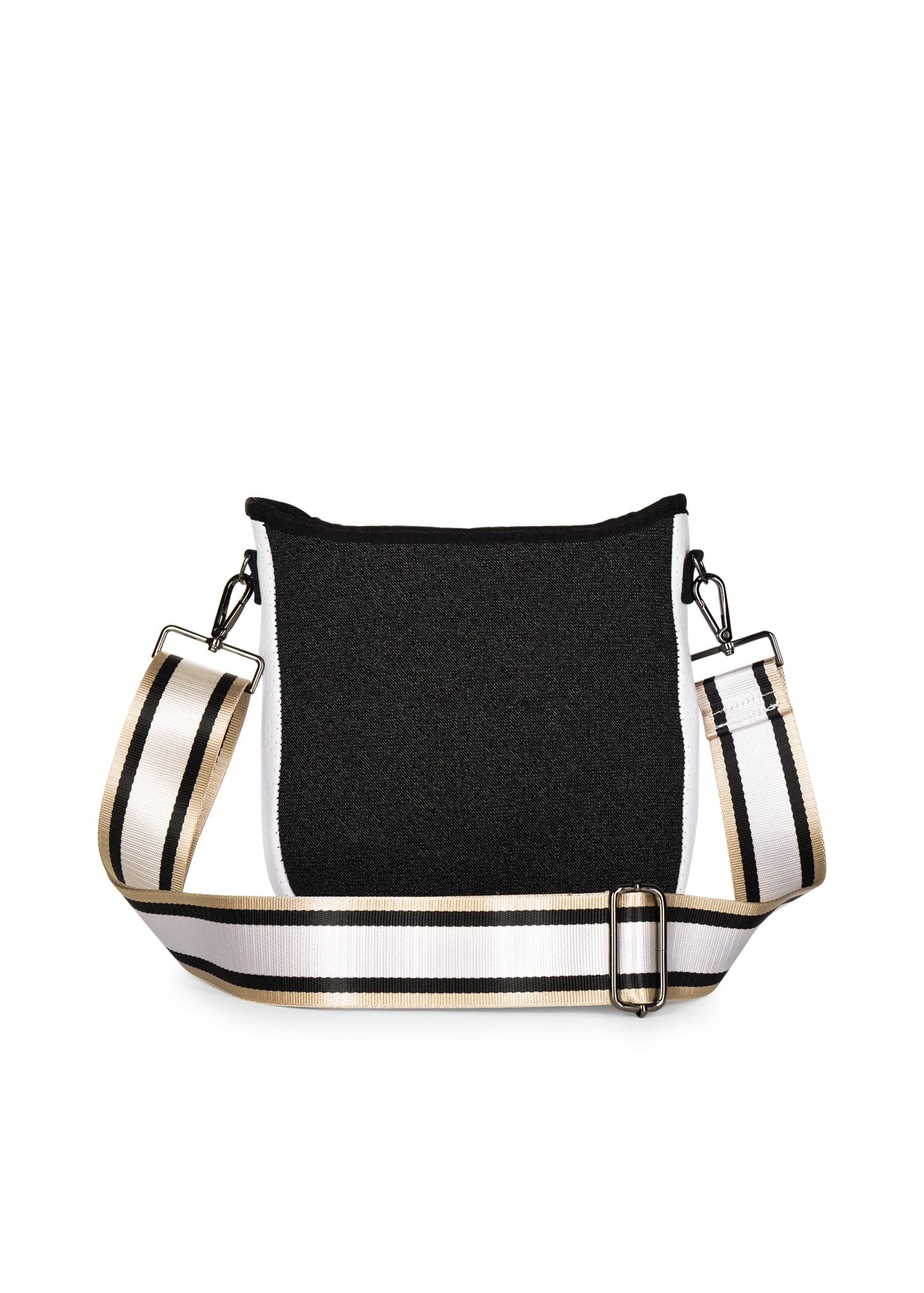 Haute Shore - Jeri Bravo Crossbody Tote, Black Denim W/Rosegold & White Stripe