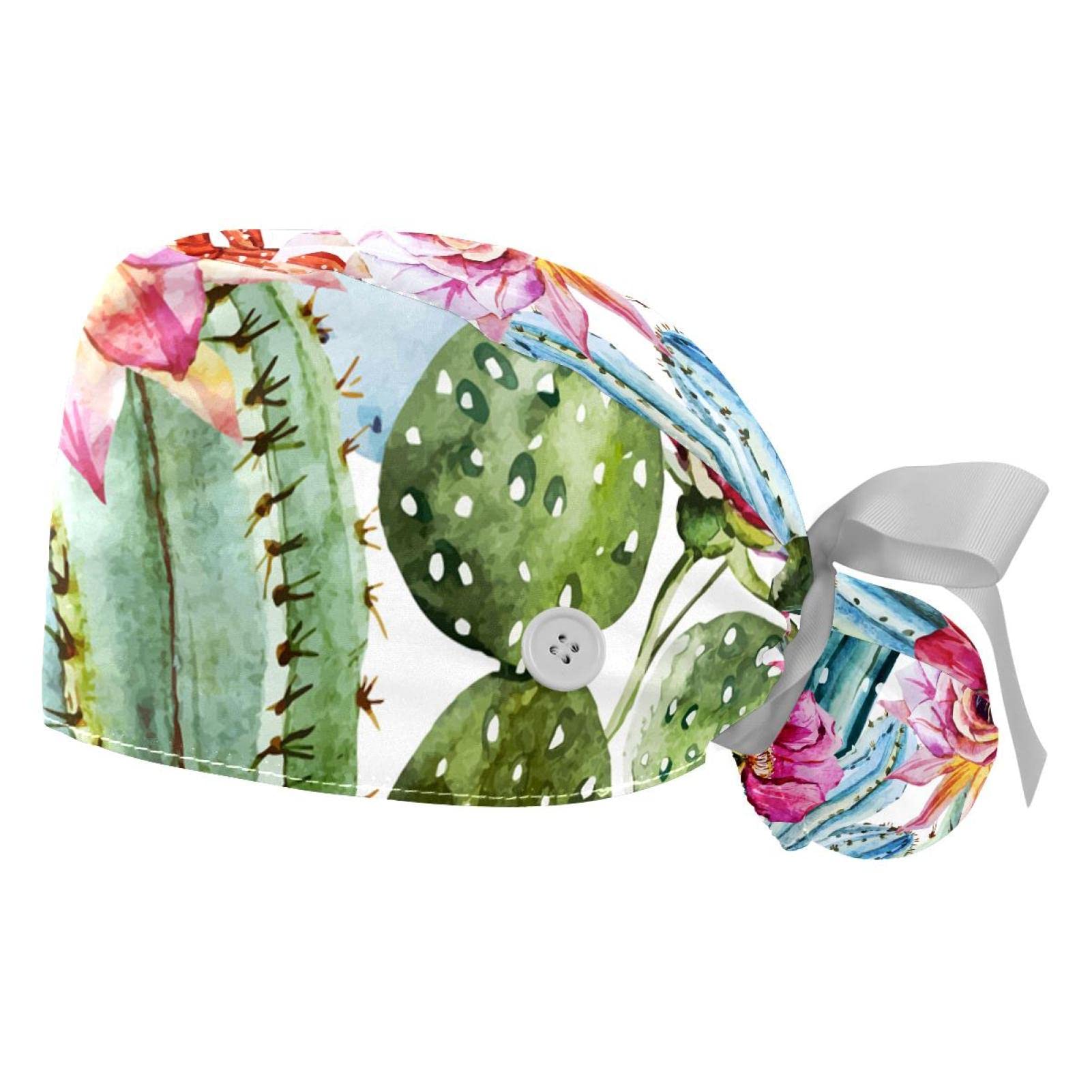 LIFH Ink Paint Cactus Red Rose Flowers Scrub Caps Women, 2 Packs Working Cap with Ponytail Holder, Adjustable Elastic Bandage Tie Back Hats, Medium-3X-Large