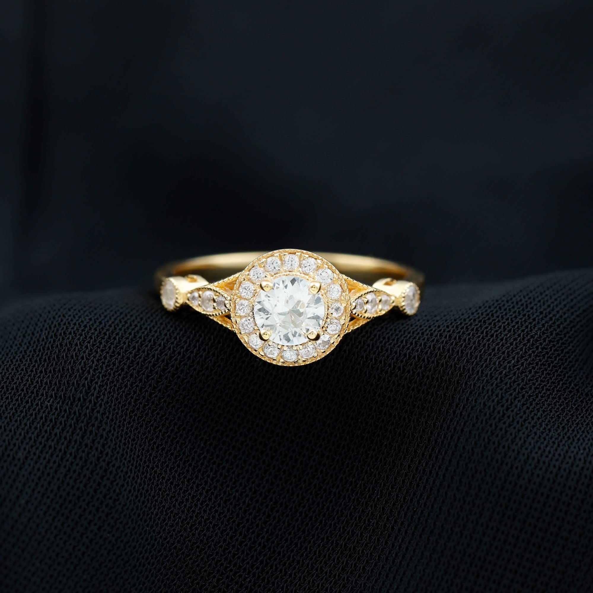 Rosec Jewels Certified White Sapphire Antique Engagement Ring with Milgrain Details | 1 CT | AAA Quality, 14K Yellow Gold, Size:US 7.00