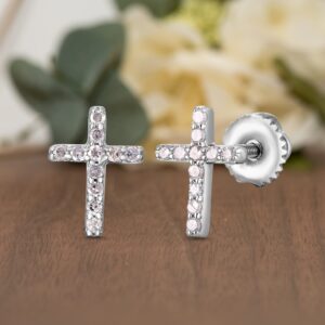 NATALIA DRAKE Tiny Cross Screw Back 1/10 Cttw Diamond Stud Earrings for Women in Rhodium Plated 925 Sterling Silver Cartilage Earring for Second Hole Piercing