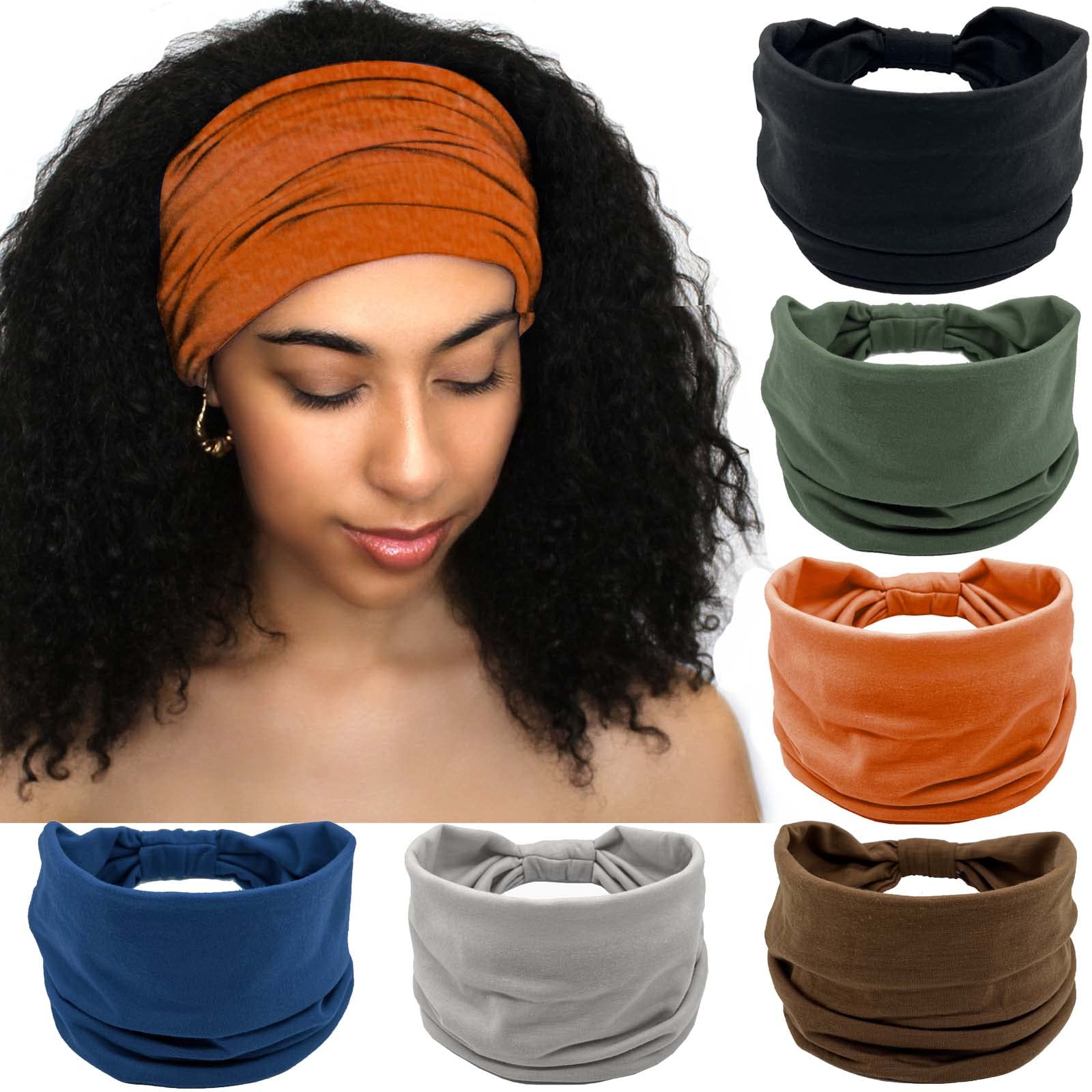 Olbye Wide Headbands Knotted Turban Elastic Non Slip Hairbands Yoga Workout Head Wraps Running Sweatbands Boho Fashion Hair Accessories for Women Pack of 6（Solid Color A）