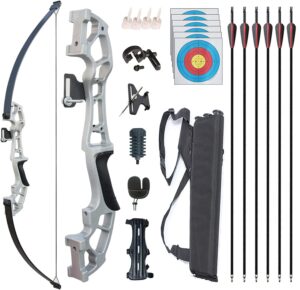 monsour archery recurve bow and arrows set for adults metal riser 51" longbow kit right hand straight bow for beginner outdoor hunting shooting practice (silver 40lb)