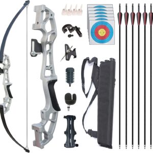 Monsour Archery Recurve Bow and Arrows Set for Adults Metal Riser 51" Longbow Kit Right Hand Straight Bow for Beginner Outdoor Hunting Shooting Practice (Silver 40lb)