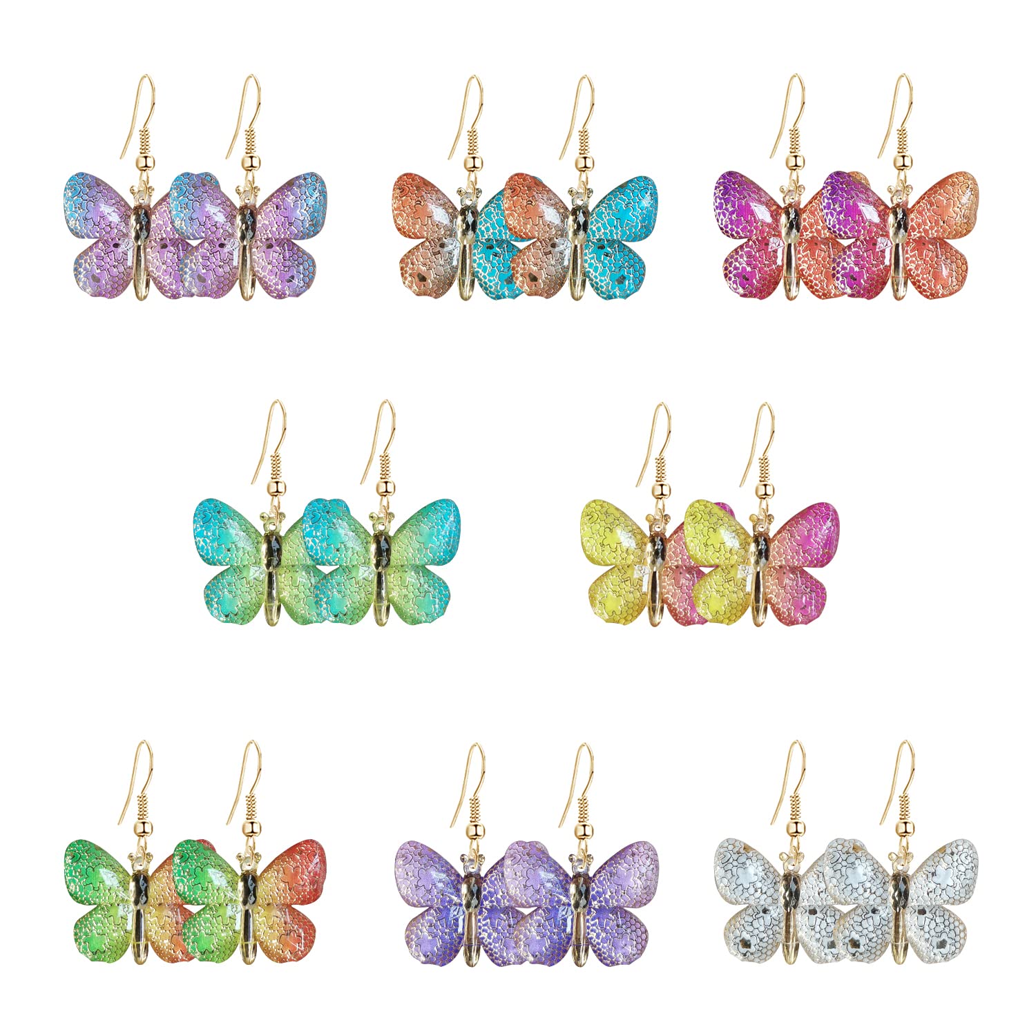 Just Follow 8 Pairs Of Butterfly Earrings, Acrylic Insect Colored Earrings fairy wings Women Fashion Jewelry Gift (8 Pairs Butterfly Earrings-Gold)