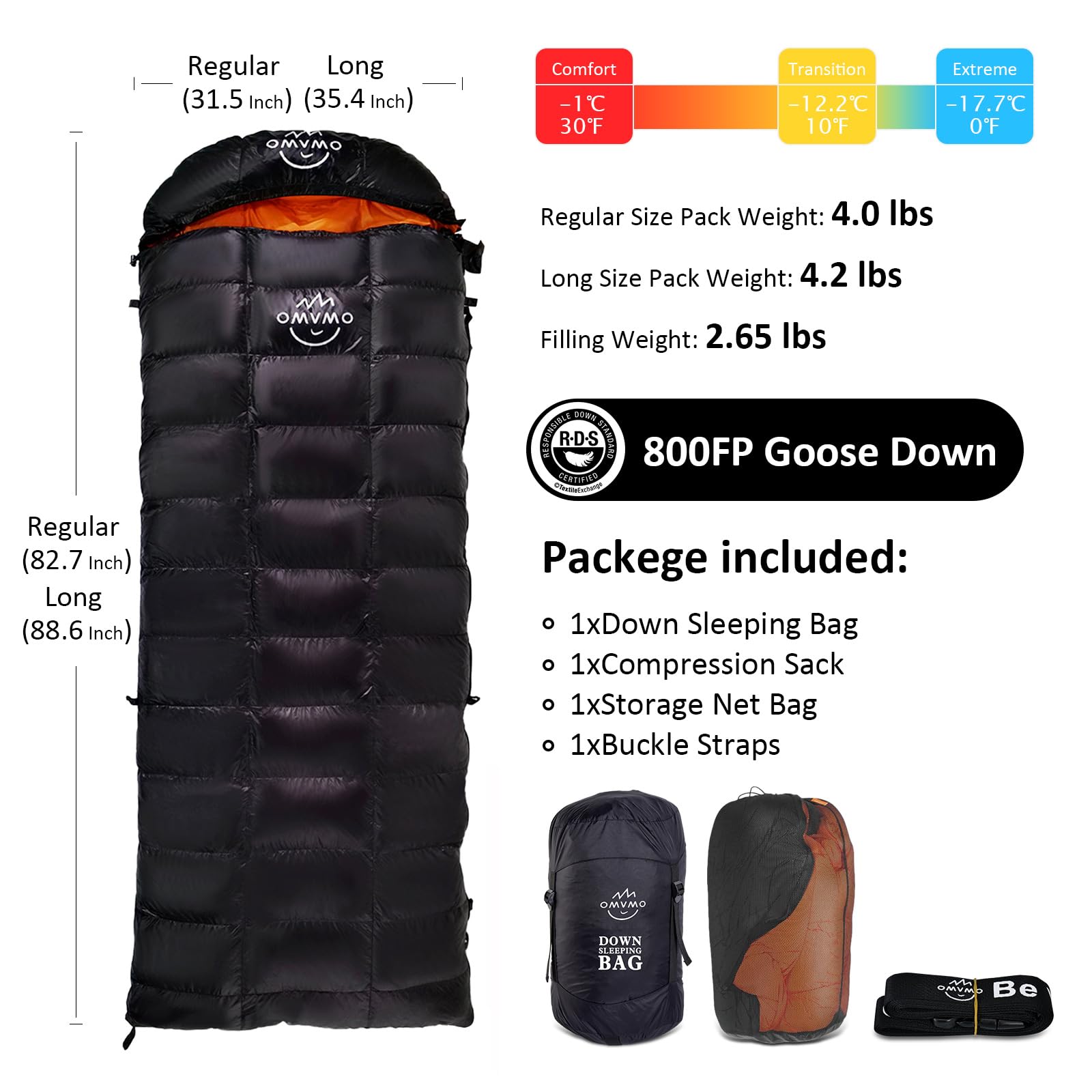 OMVMO 0 Degrees F 800 Fill Power Down Sleeping Bag for Adults,Lightweight 4 Season Envelope Rectangle Down Sleeping Bag for Backpacking Camping,Black Right-Zipper Long