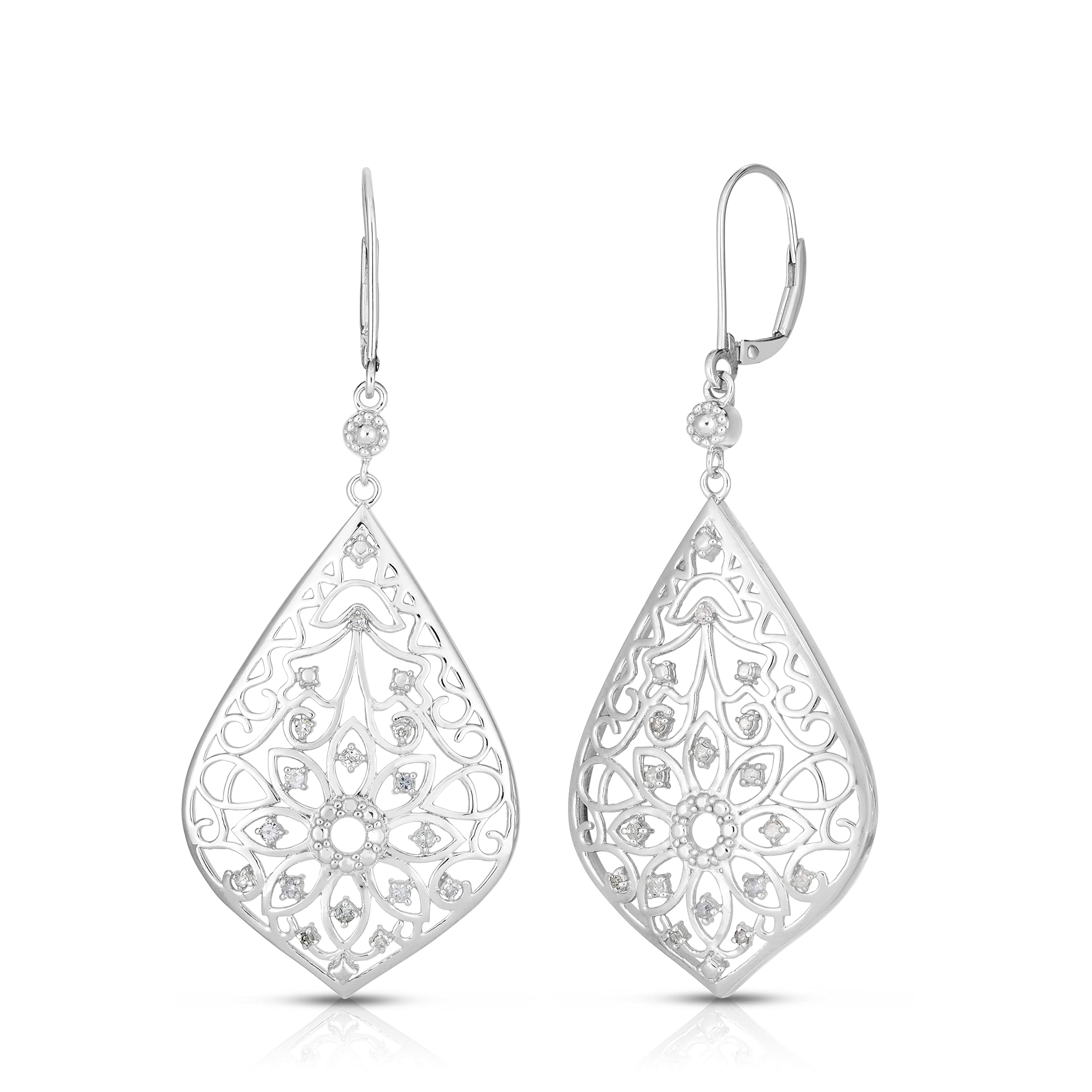 Natalia Drake Large Antique Style Drop Dangle Leverback Bridal 1/4 Cttw Diamond Earrings for Women in Rhodium Plated 925 Sterling Silver