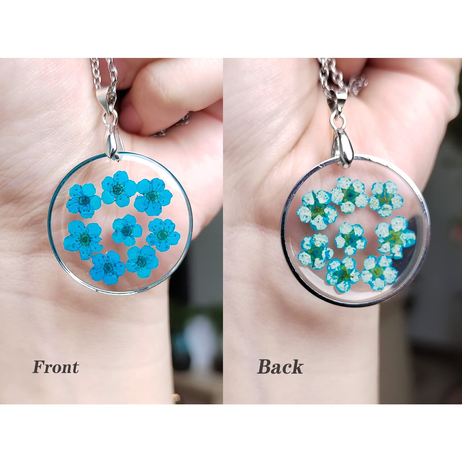 PTGMH Pressed Flower Necklace with Real Dried Flower Sample Resin Jewelry Flower Jewelry Round Resin Pendant Flower Necklace for Women (blue)