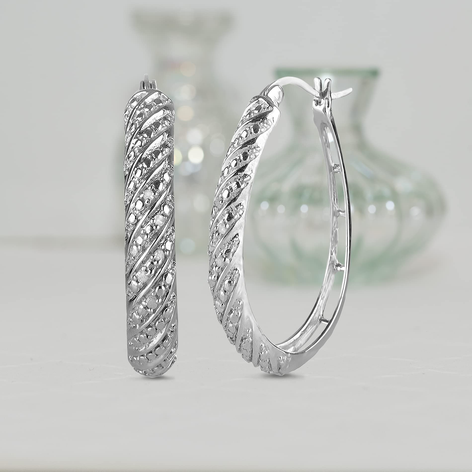 Natalia Drake Large Diagonal Oval Diamond Accent Hoop Earrings for Women in Rhodium Plated 925 Sterling Silver