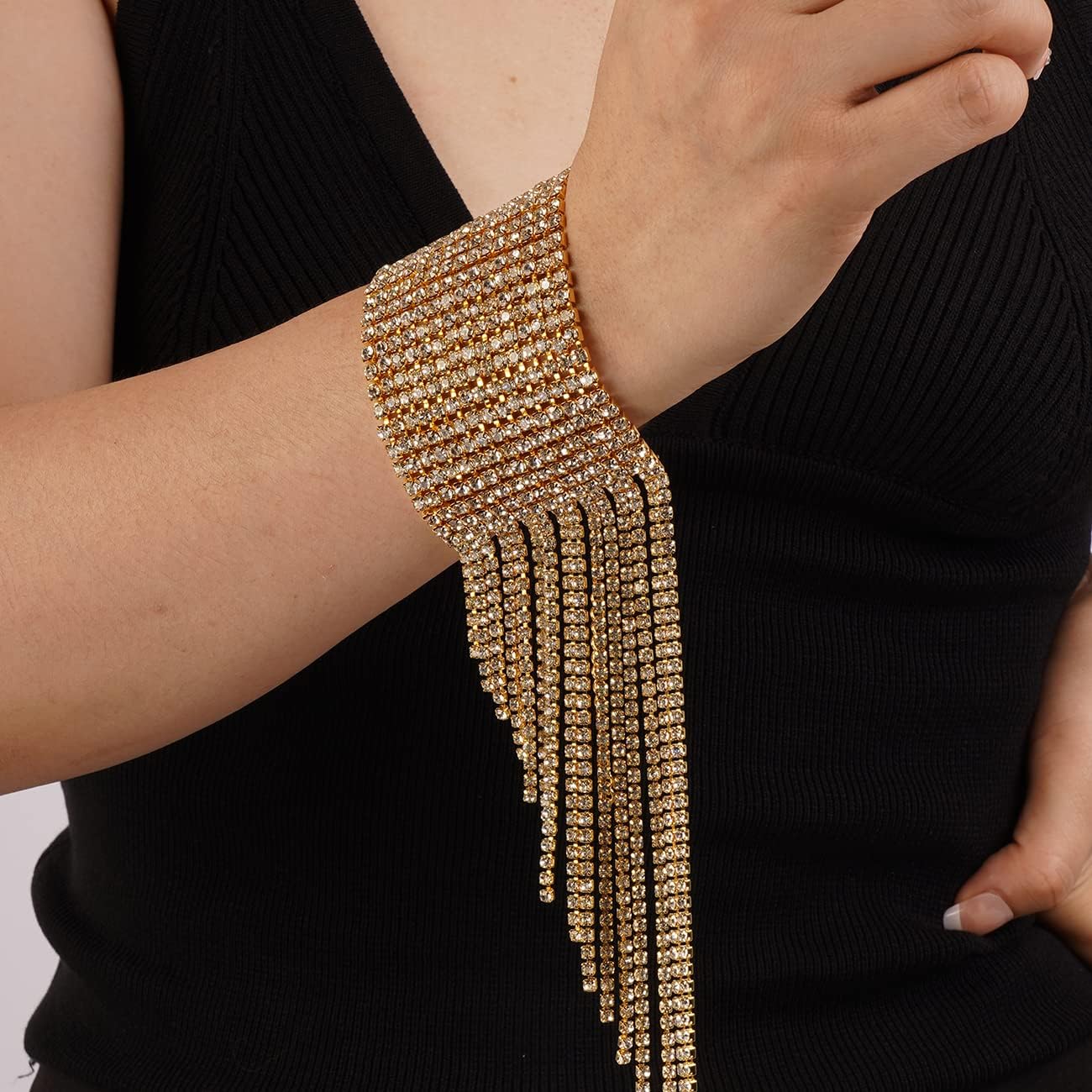 Rumtock Tassel Rhinestones Gold Bracelet Bling Fringe Hand Chain for Women Girls Party Jewelry