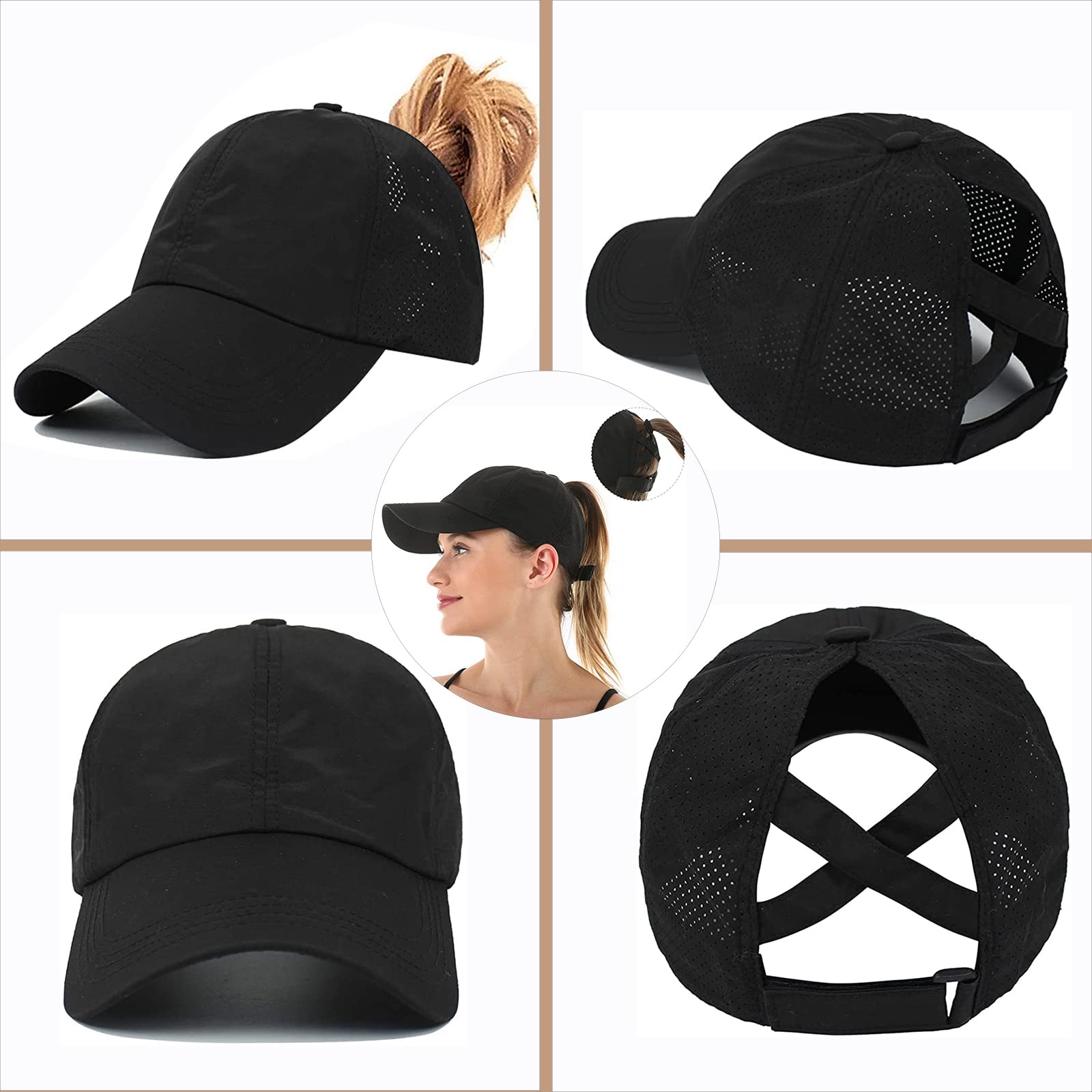 Womens Ponytail Hat Baseball Cap, Adjustable Criss Cross Baseball Cap High Bun Unisex Quick Drying Trucker Hats (ZBlack, One Size)