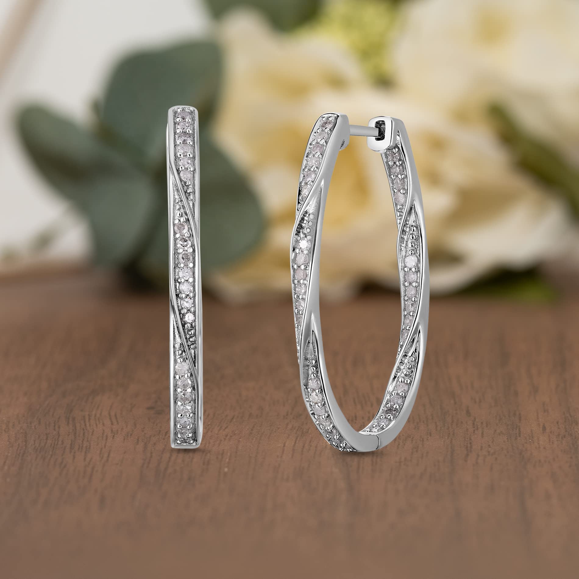 NATALIA DRAKE Twisted Oval Inside Outside 1/2 Cttw Diamond Hoop Earrings for Women in Rhodium Plated 925 Sterling Silver