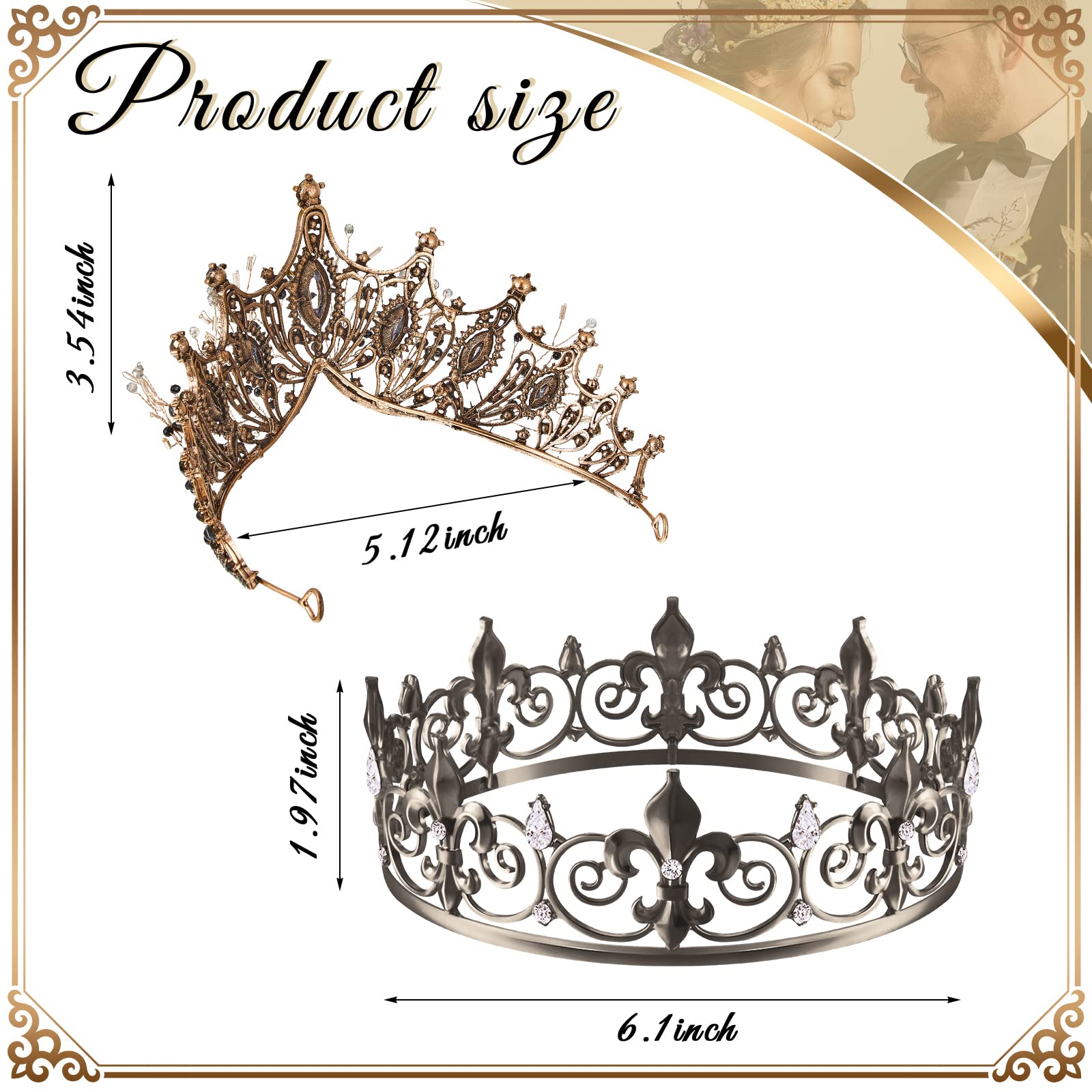 Junkin 2 Pcs Crowns for Men Women Baroque Queen Crown King Prince Tiara Princess Crystal Headband Rhinestone Prom Party (Black)