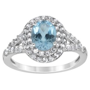 Beyond Brilliance Sterling Silver Oval Blue Topaz & Round Cut Created White Sapphire Double Halo Engagement Ring Jewelry for Women | Gift Box Included