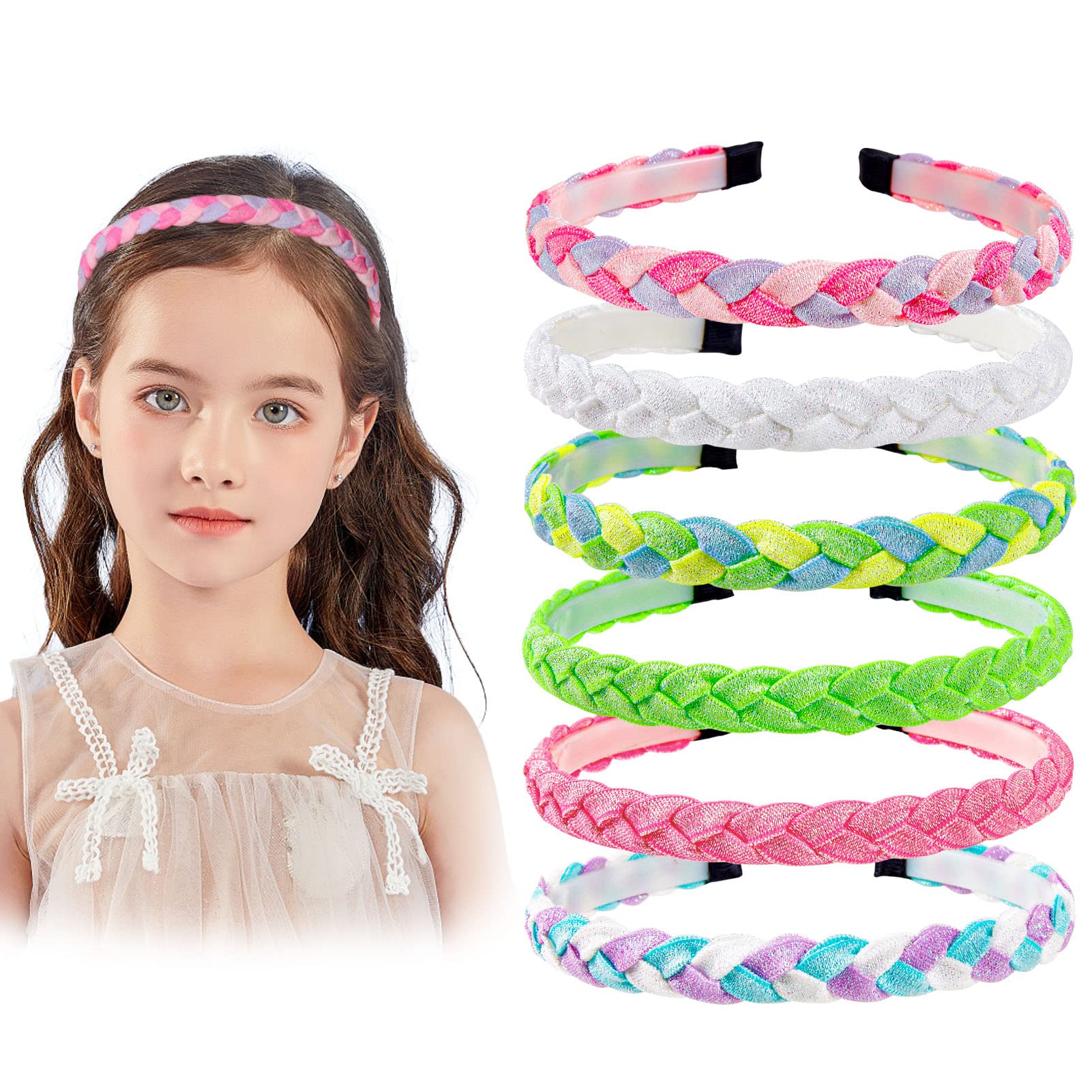 Braided Headbands Girls 6Pcs Rainbow Glitter Head Bands for Kids Toddlers Women Hand Twist Hairbands Fashion Sequins Thin Headband Party Favors