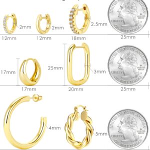 Adoyi Small Gold Huggie Hoop Earrings for Women Chunky Twisted Big Gold Hoops Set Hypoallergenic 14K Gold Plated Large Huggie Hoop Earrings Pack for Women Gift Lightweight 7 Pairs ball earrings