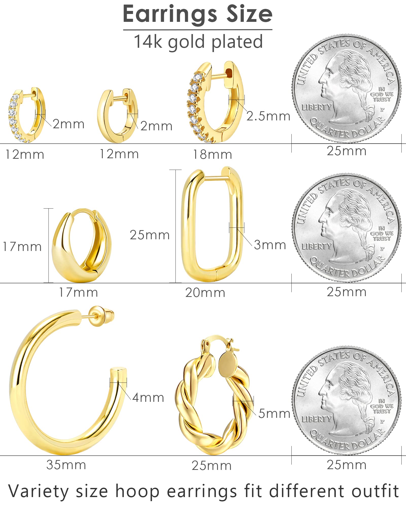 Adoyi Small Gold Huggie Hoop Earrings for Women Chunky Twisted Big Gold Hoops Set Hypoallergenic 14K Gold Plated Large Huggie Hoop Earrings Pack for Women Gift Lightweight 7 Pairs ball earrings