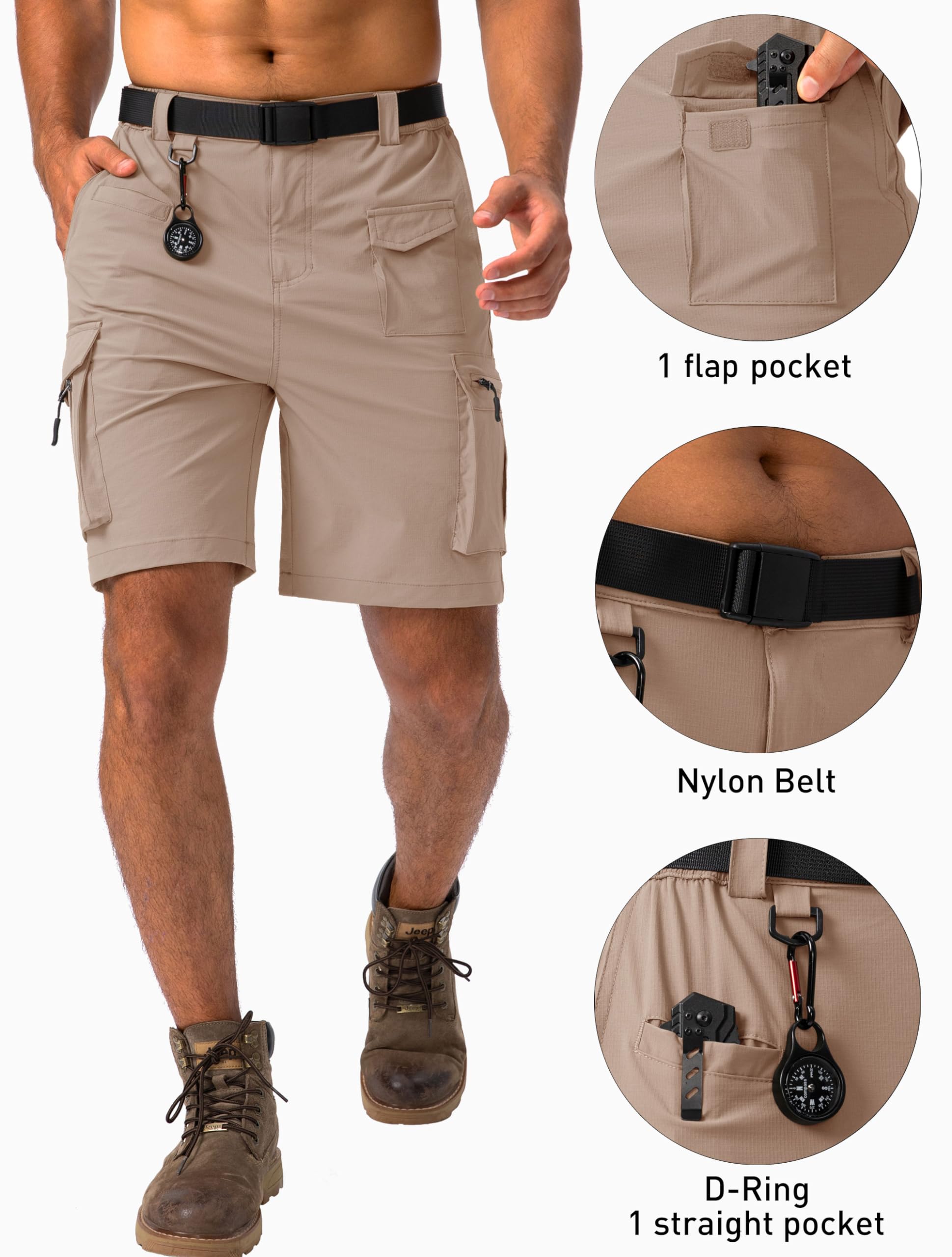 Viodia Men's Hiking Cargo Shorts Stretch Tactical Shorts for Men with 8 Pockets Quick Dry Lightweight Shorts for Work Golf Fishing Dark Khaki