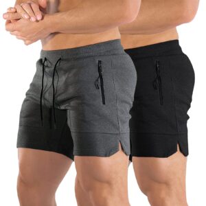 BUXKR Mens Workout Shorts 2 Pack 5 Inch Quick Dry Gym Shorts for Men Athletic Running Shorts with Zipper Pockets Black Dark Grey