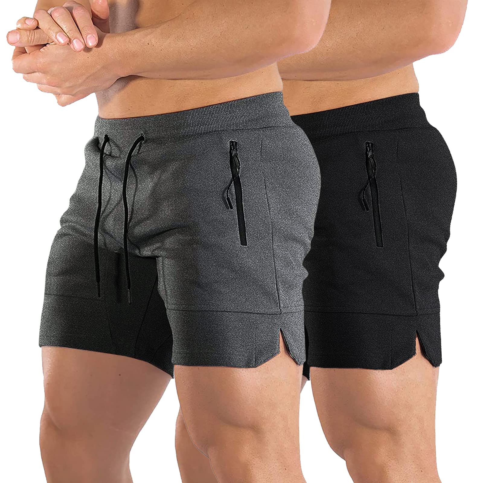 BUXKR Mens Workout Shorts 2 Pack 5 Inch Quick Dry Gym Shorts for Men Athletic Running Shorts with Zipper Pockets Black Dark Grey