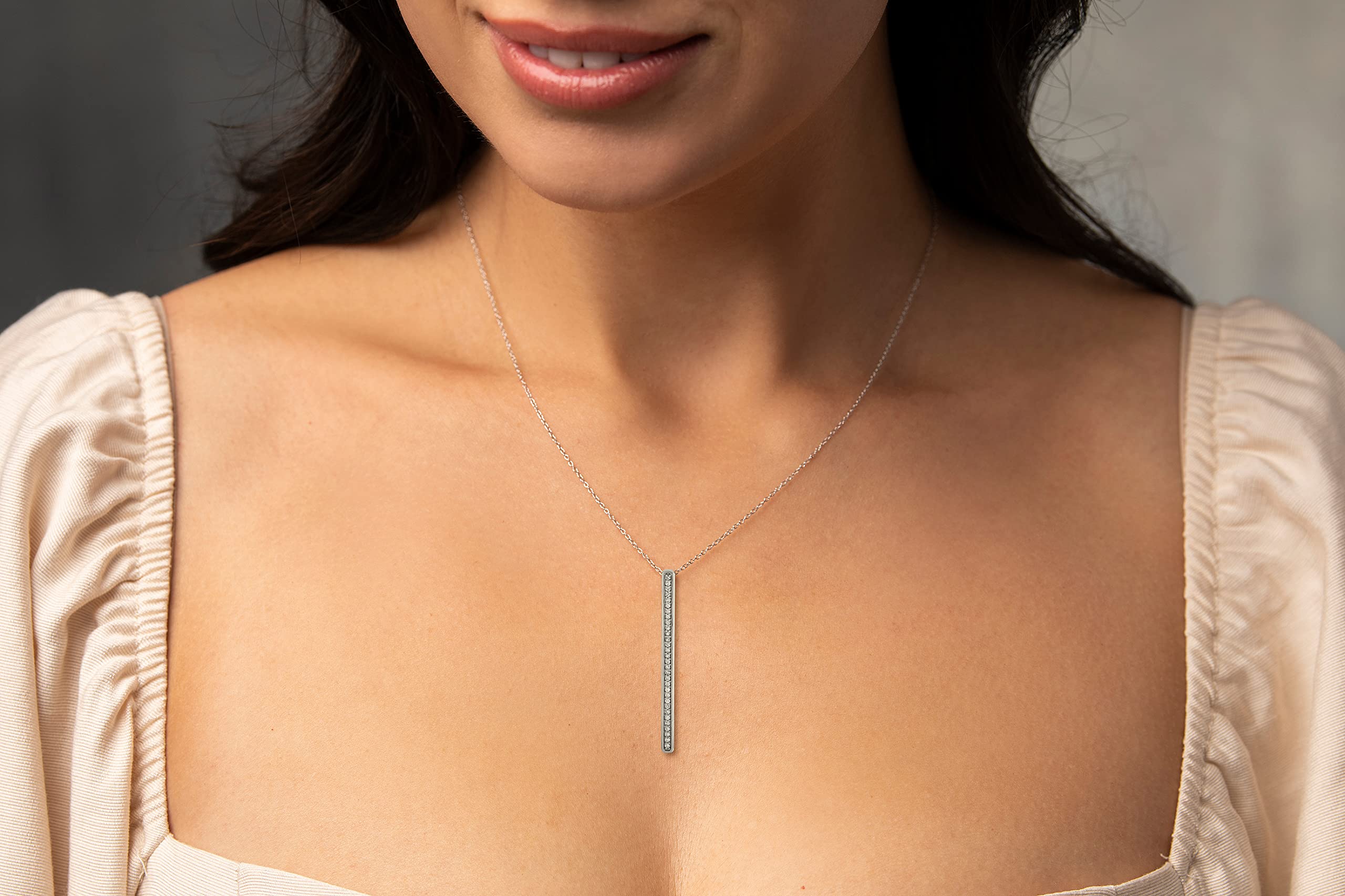 NATALIA DRAKE Thin Vertical Bar 1/7 Cttw Diamond Necklace for Women in Rhodium Plated 925 Sterling Silver