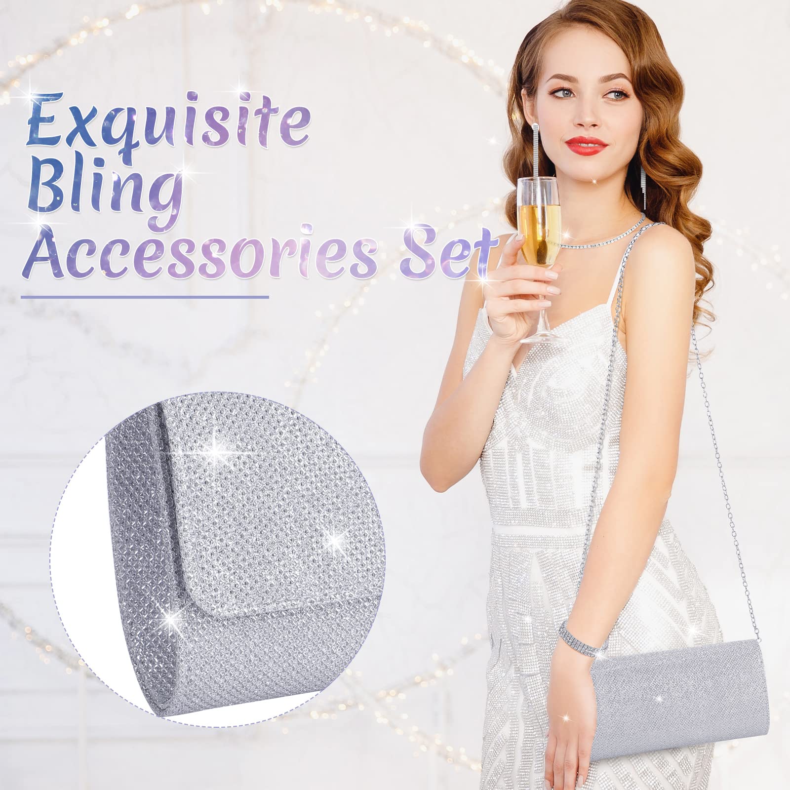 Meanplan 4 Pieces Silver Clutch Purses For Women Evening Rhinestone Purses Crystal Jewelry Set Bridal Wedding Choker Bracelet Dangle Bling Glitter Purse (Fresh Style)