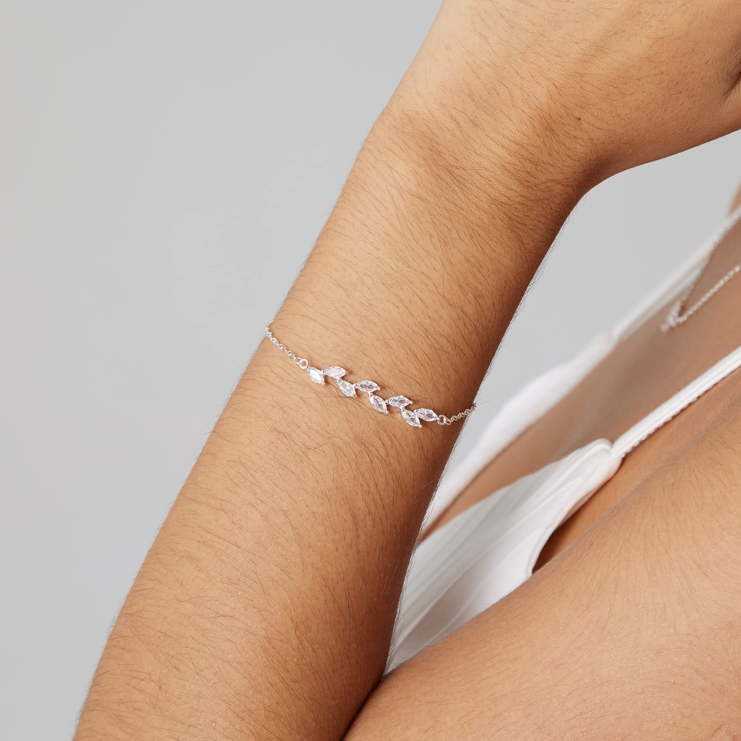 BERISO Dainty Bracelets for Women Shiny Silver Plated Tiny Cubic Zirconia Leaf Bracelets Minimalist Personalized Adjustable CZ Leaves Shining Bracelet Fancy