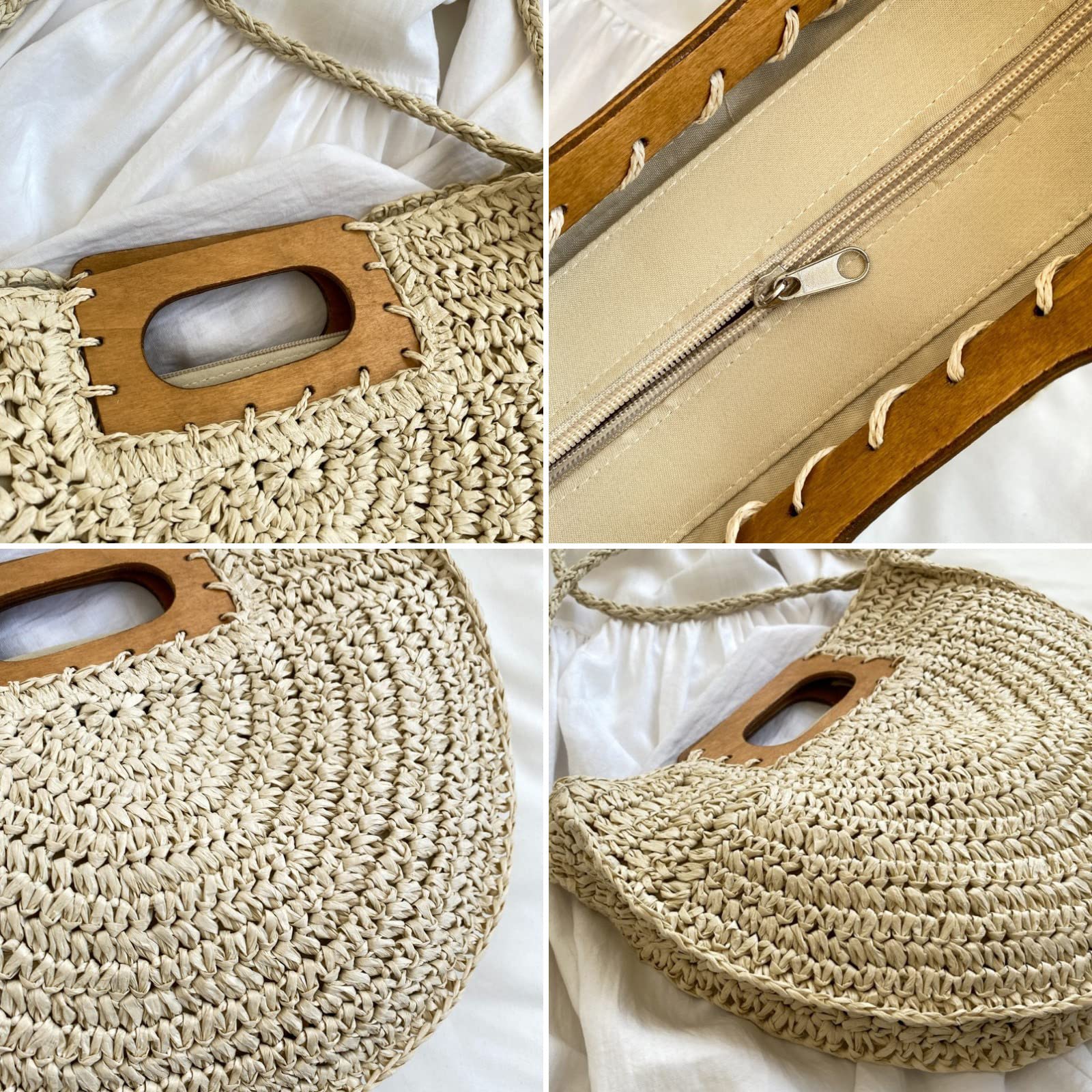 QTKJ Summer Beach bag, Hand Made Straw Beach Bag Semicircle Shape Tote Bag, Zip Opening Large Capacity Designer Handbags for Women Shoulder Messenger Bag(Beige)