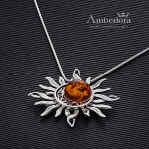 AMBEDORA Women's 925 Silver Oxidised Round Baltic Amber Celtic Sun & Moon Pendant on a Chain with a Snake Chain Gift Set