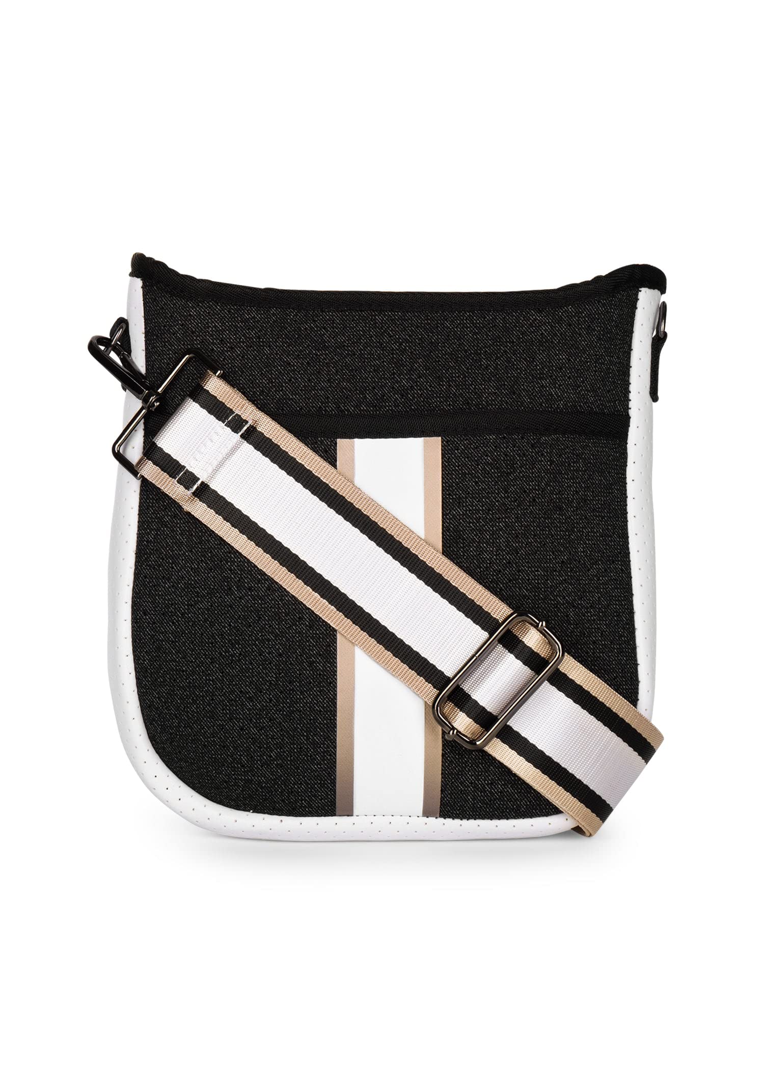 Haute Shore - Jeri Bravo Crossbody Tote, Black Denim W/Rosegold & White Stripe