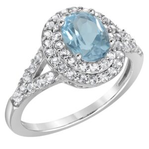 Beyond Brilliance Sterling Silver Oval Blue Topaz & Round Cut Created White Sapphire Double Halo Engagement Ring Jewelry for Women | Gift Box Included