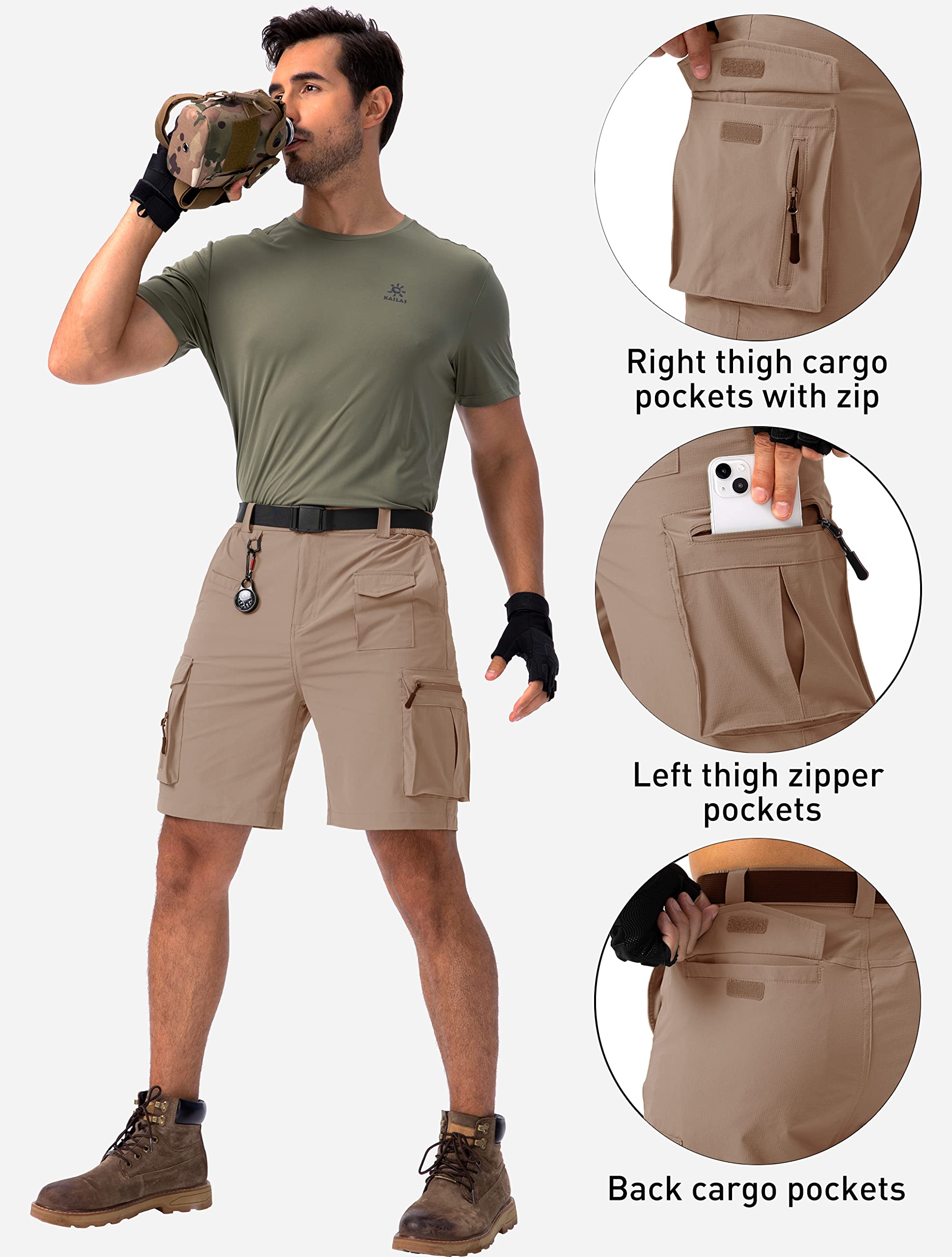 Viodia Men's Hiking Cargo Shorts Stretch Tactical Shorts for Men with 8 Pockets Quick Dry Lightweight Shorts for Work Golf Fishing Dark Khaki