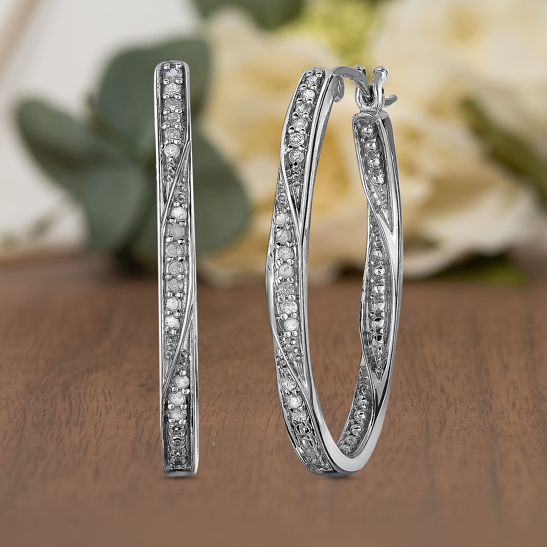 NATALIA DRAKE Large Twisted Oval 1/4 Cttw Diamond Hoop Earrings for Women in Rhodium Plated 925 Sterling Silver