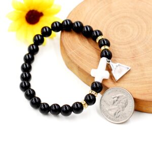 Uloveido Synthetic White Agate Side Cross Bracelet, Black Onyx Beaded, Triangle Mountain Mustard Seed Charm Pendant Y944 (Triangle Mountain)