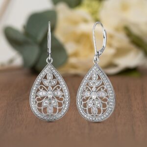 Natalia Drake Large Antique Style Teardrop Dangle Leverback Bridal 1/10 Cttw Diamond Earrings for Women in Rhodium Plated 925 Sterling Silver